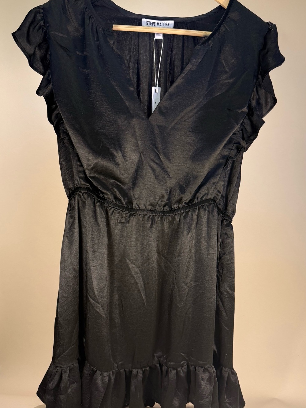 Steve Madden Black V-Neck Satin Chiffon Mini Dress - Picture 2 of 5